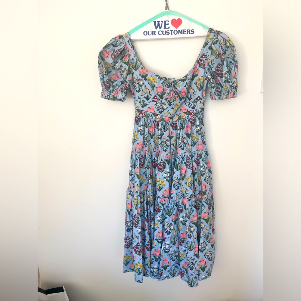 Agua Bendita - blue floral - midi puff sleeve dress - XS - LIKE NEW worn once